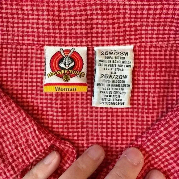 Vintage Looney Tunes Red Gingham Check 'GET A GRIP' Cowboy Western Shirt Top - Picture 3 of 8
